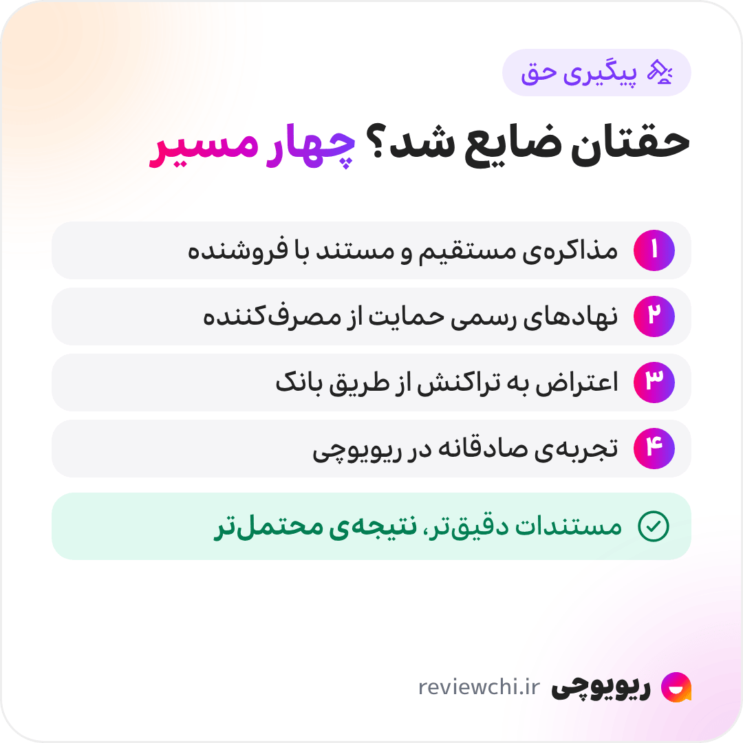 اینفوگرافیک اگر احساس کردید حقتان ضایع شده: ۱. مذاکرهی مستقیم و مستند با فروشنده، محترمانه و با عکس، اسکرینشات و رسید، که معمولاً سریعترین راه است. ۲. مراجعه به نهادهای رسمی حمایت از حقوق مصرفکننده، وقتی مذاکره به نتیجه نمیرسد. ۳. اعتراض به تراکنش از طریق بانک، وقتی پول رفته اما کالا ارسال نشده یا کاملاً مغایر است. ۴. ثبت تجربهی صادقانه در ریویوچی. هرچه مستندات دقیقتر باشد، احتمال نتیجه بیشتر است.
