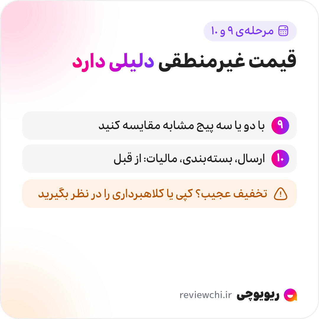 اینفوگرافیک مرحله‌های ۹ و ۱۰، سنجش منطقی بودن قیمت: قیمت غیرمنطقی، چه خیلی پایین و چه خیلی بالا، همیشه دلیلی دارد. ۹. قیمت را با دو یا سه پیج مشابه مقایسه کنید؛ تخفیف عجیب یعنی احتمال کپی بودن کالا یا کلاهبرداری. ۱۰. هزینه‌های پنهان مثل ارسال، بسته‌بندی یا مالیات را از قبل بپرسید، چون برخی پیج‌ها هزینه‌ی واقعی را فقط لحظه‌ی پرداخت می‌گویند.
