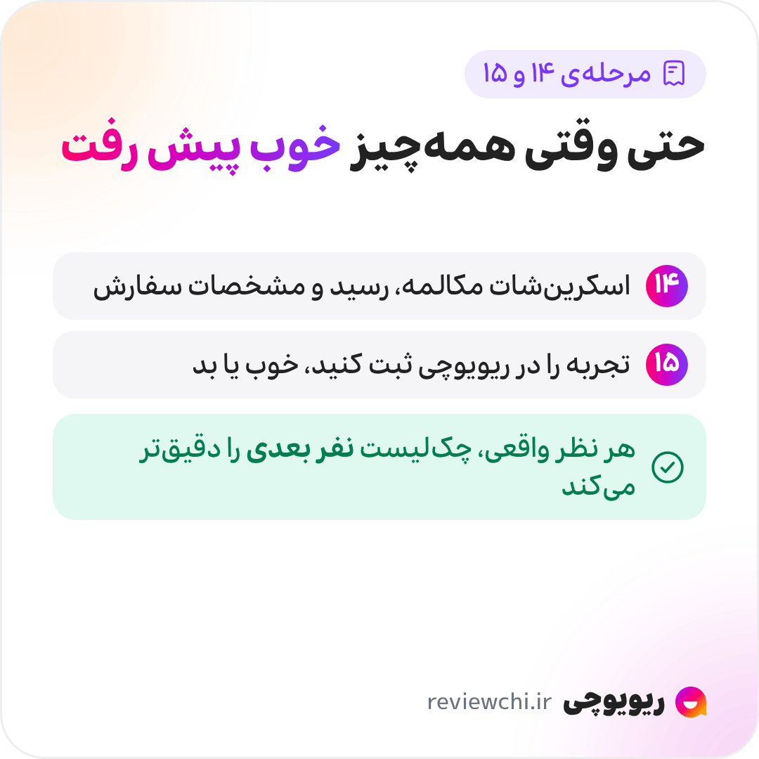 اینفوگرافیک مرحله‌های ۱۴ و ۱۵، ثبت مدرک و پیگیری پس از خرید، حتی وقتی همه‌چیز خوب پیش رفته: ۱۴. از تمام مکالمه، رسید واریز و مشخصات سفارش اسکرین‌شات بگیرید و نگه دارید. ۱۵. بعد از دریافت کالا، تجربه‌ی خریدتان را در ریویوچی ثبت کنید، چه خوب چه بد؛ هر نظر واقعی، چک‌لیست نفر بعدی را دقیق‌تر می‌کند.