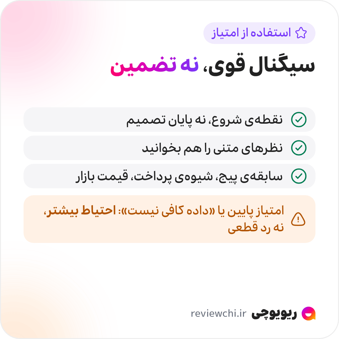اینفوگرافیک چطور از امتیاز اعتماد استفاده کنیم: امتیاز اعتماد یک سیگنال قوی است، نه تضمین قطعی. آن را نقطهی شروع بدانید، نه پایان تصمیم؛ امتیاز پایین یا پیام «داده کافی نیست» دلیل احتیاط بیشتر است، نه لزوماً رد قطعی. نظرهای متنی زیر امتیاز را هم بخوانید، و امتیاز را کنار عادتهای احتیاط به کار ببرید: بررسی سابقهی پیج، توجه به شیوهی پرداخت و مقایسهی قیمت با بازار.