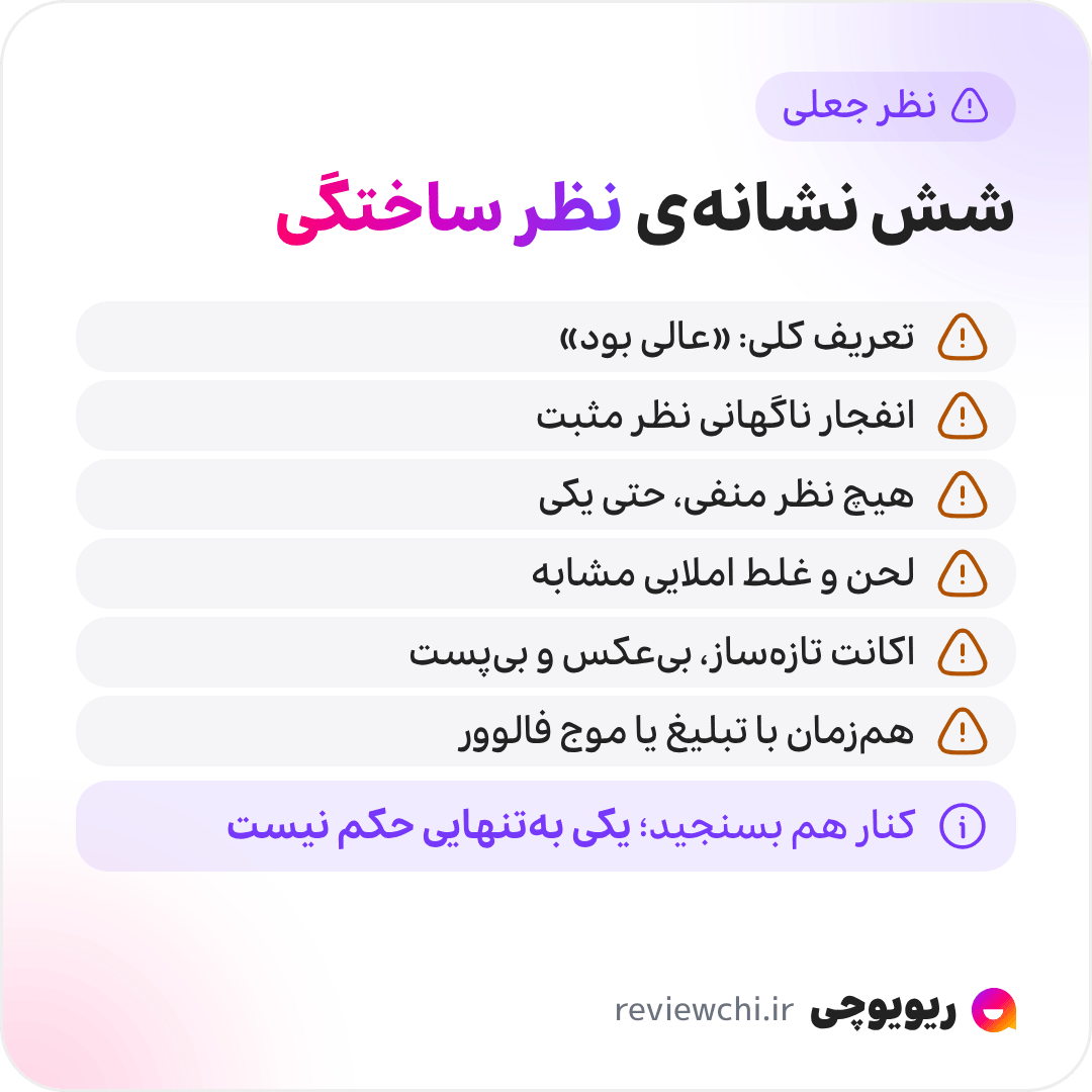 اینفوگرافیک نشانه‌های نظر جعلی یا خریداری‌شده: تعریف کلی و بی‌جزئیات مثل «عالی بود»؛ انفجار ناگهانی نظرهای مثبت پس از سکوت؛ نبود کامل نظر منفی، حتی یک گلایه درباره‌ی تأخیر یا بسته‌بندی؛ لحن، ساختار و حتی غلط‌های املایی مشابه در اکانت‌های مختلف؛ اکانت تازه‌ساز بی‌عکس، بی‌پست و کم‌دنبال‌کننده؛ و موج نظرها هم‌زمان با کمپین تبلیغاتی یا افزایش ناگهانی فالوور. این نشانه‌ها را کنار هم بسنجید؛ یکی به‌تنهایی یعنی جعلی بودن نیست.