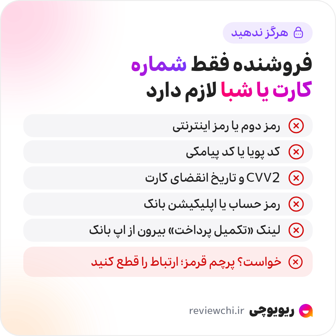 اینفوگرافیک اطلاعاتی که هرگز نباید به فروشنده داد: هیچ فروشندهی مشروعی به چیزی فراتر از شماره کارت یا شماره شبا برای واریز نیاز ندارد. هرگز اینها را ندهید: رمز دوم کارت یا رمز اینترنتی؛ کد پویا یا کد یکبارمصرف پیامکی؛ CVV2 و تاریخ انقضای کارت؛ رمز حساب بانکی یا اپلیکیشن بانک؛ و لینک «تکمیل پرداخت» که شما را به صفحهای خارج از اپلیکیشن رسمی بانک میبرد. هر کس اینها را خواست، پرچم قرمز است؛ ارتباط را قطع کنید.