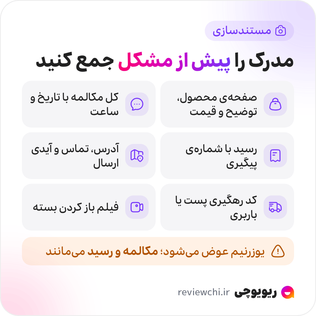 اینفوگرافیک چک‌لیست مستندسازی خرید اینستاگرامی: اسکرین‌شات صفحه‌ی محصول، توضیحات، قیمت و عکس‌ها پیش از پرداخت؛ اسکرین‌شات کامل مکالمه‌ی دایرکت با تاریخ و ساعت؛ رسید پرداخت با شماره‌ی پیگیری و زمان دقیق؛ آدرس، شماره‌ی تماس و آیدی‌ای که برای ارسال داده‌اید؛ کد رهگیری پستی یا باربری؛ و عکس یا فیلم کالا در لحظه‌ی باز کردن بسته. نام کاربری اینستاگرام عوض می‌شود؛ اگر فروشنده یوزرنیم را عوض کند یا اکانت را ببندد، مکالمه و رسید تنها مدرک تراکنش‌اند.