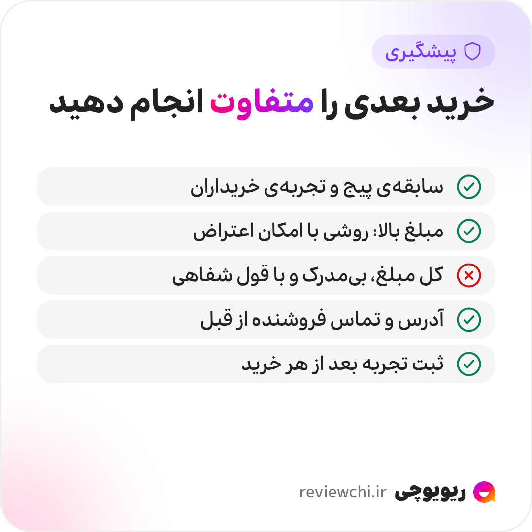 اینفوگرافیک پیشگیری برای خرید بعدی از پیجهای اینستاگرامی: پیش از پرداخت سابقهی پیج و تجربهی خریداران دیگر را بررسی کنید؛ برای مبلغ بالا روشی را بپذیرید که امکان اعتراض به تراکنش دارد؛ هرگز کل مبلغ را بدون هیچ مدرکی و فقط با اعتماد شفاهی واریز نکنید؛ آدرس و شمارهی تماس فروشنده را از قبل بخواهید؛ و بعد از هر خرید، حتی خرید خوب، تجربهتان را ثبت کنید.
