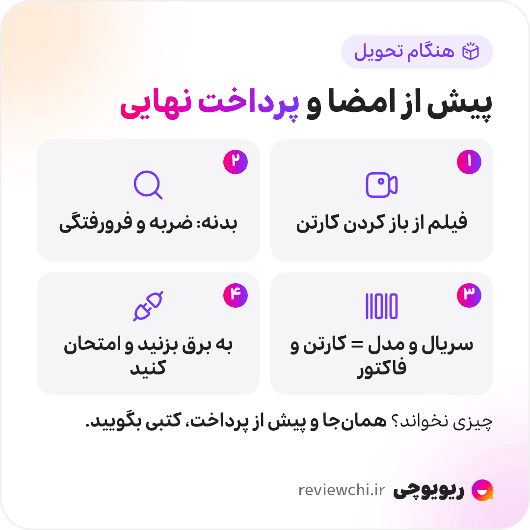 اینفوگرافیک چهار بررسی هنگام تحویل لوازم خانگی، پیش از امضای رسید و پرداخت مبلغ نهایی: ۱. از لحظهی باز کردن کارتن فیلم بگیرید. ۲. بدنه را از نظر ضربه، فرورفتگی و خطوخش ببینید. ۳. سریال و مدلنامبر پلاک دستگاه را با کارتن و فاکتور مقایسه کنید. ۴. دستگاه را به برق بزنید و کار اصلیاش را امتحان کنید. اگر چیزی نخواند، همانجا و پیش از پرداخت، کتبی به فروشنده بگویید.